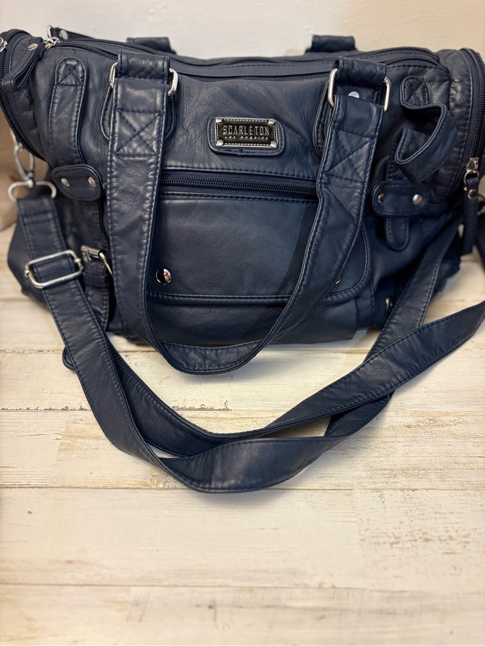 Navy Leather Satchel with Dual Carry Straps Scarleton los angles vegan leather